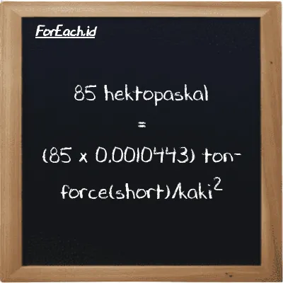 85 hektopaskal setara dengan 0.088763 ton-force(short)/kaki<sup>2</sup> (85 hPa setara dengan 0.088763 tf/ft<sup>2</sup>)